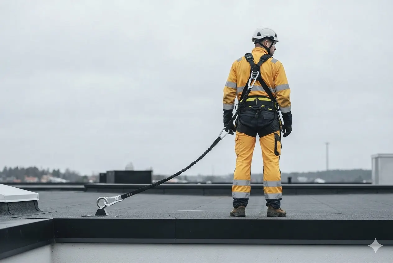 Yrkesarbetare i helkroppssele kopplar sin lina till en förankringspunkt.