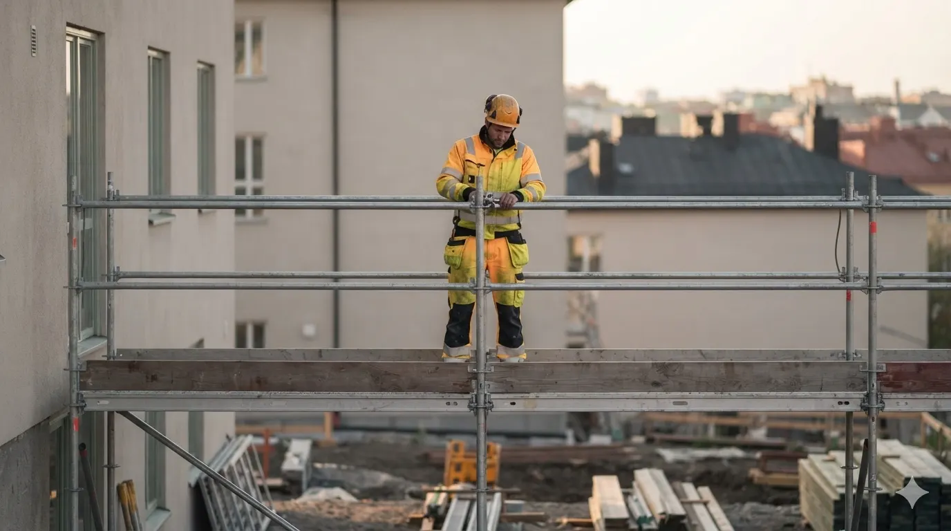 Ställningsmontör i varselkläder arbetar på en fasadställning på ett bygge.