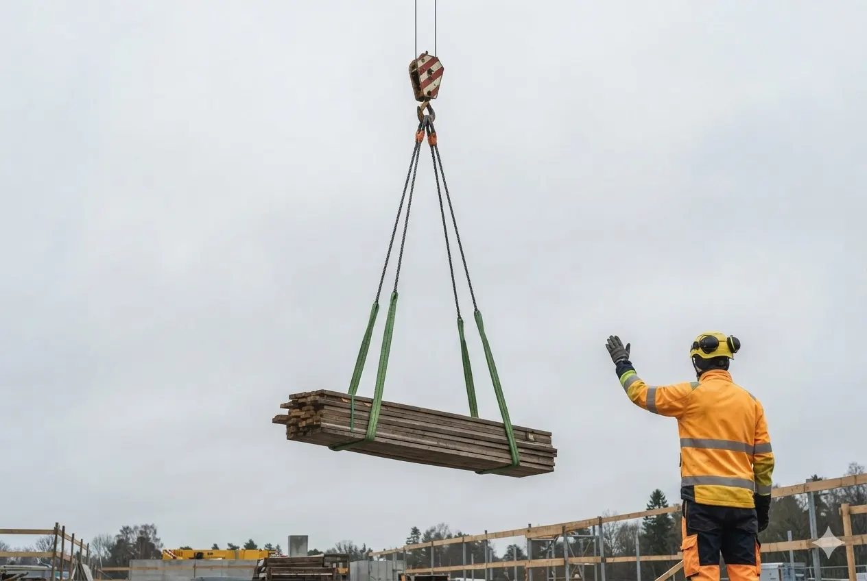 Lyftledare i varselkläder dirigerar en last i lyftstroppar under en kran.