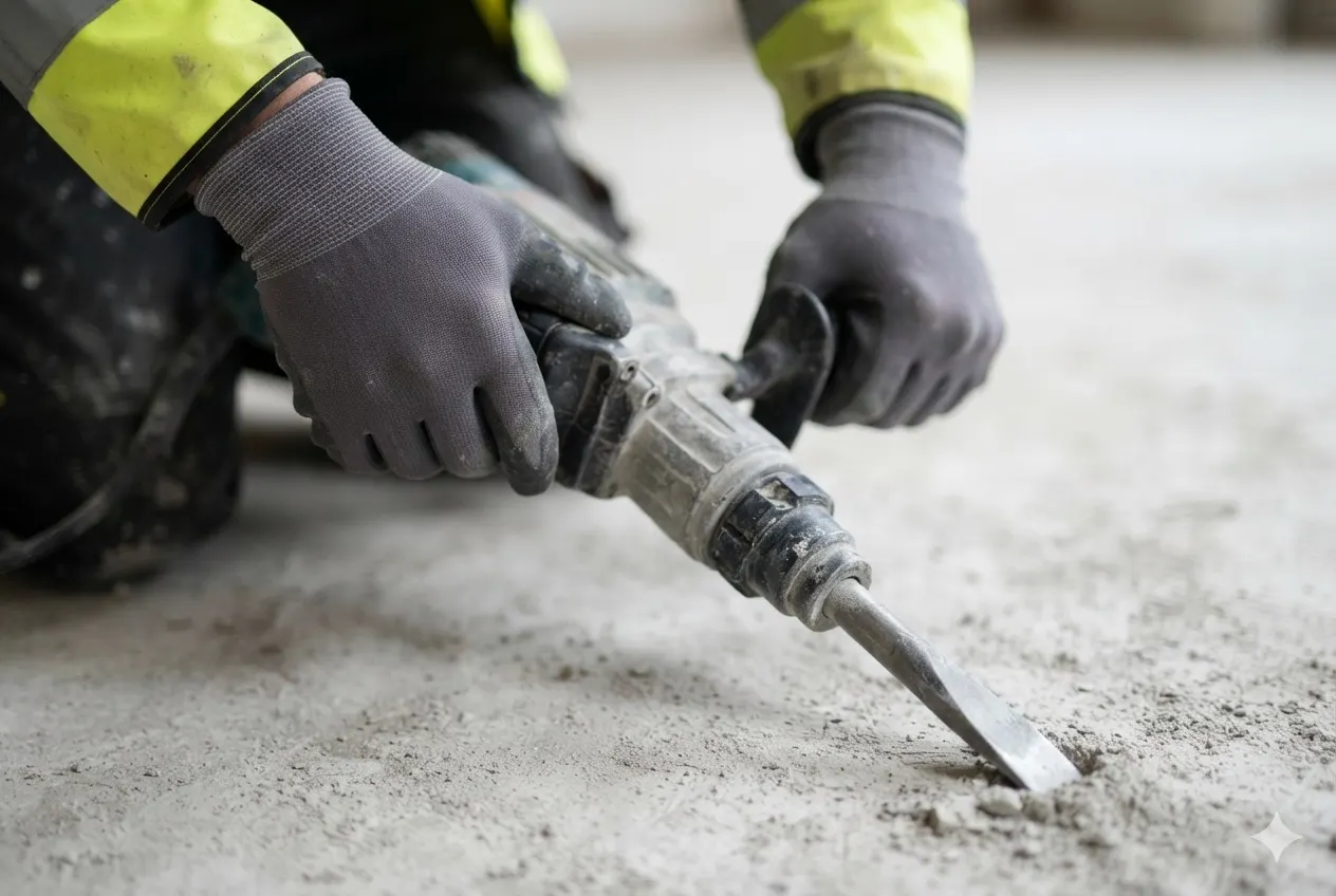 Byggnadsarbetare i varselkläder håller en bilningsmaskin mot ett betonggolv.